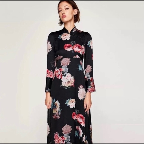 Zara Dress Cheongsam floral Black Inspired Mandarin Collar slight high-low sz L - Picture 2 of 2